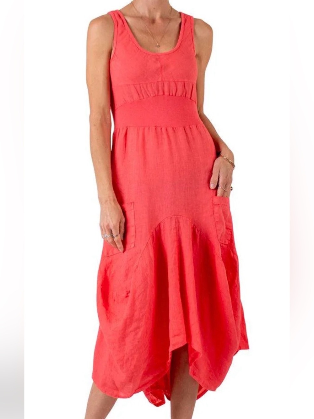 Neiman Marcus Coral High-Low Bubble Hem Linen Midi Dress